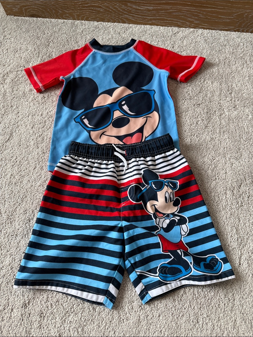 Disney Red & Blue Mickey Mouse Rash Guard Swim Trunks Set